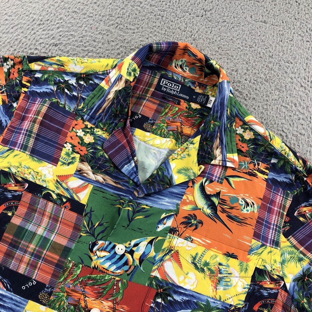 Polo Ralph Lauren Shirt MensMedium Camp Patchwork Classic Fit Loop Collar Resort - Picture 2 of 16